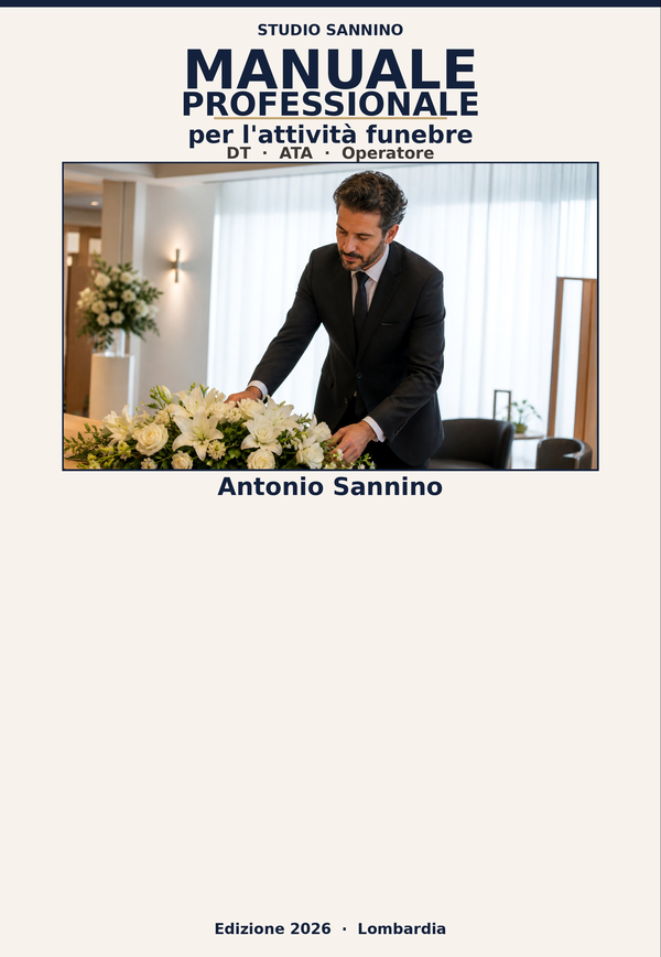 Copertina: Manuale professionale per l'attività funebre: Direttore Tecnico · ATA · Operatore Funebre — Disciplina nazionale e Regione Lombardia. Nuova edizione rivista settembre 2026