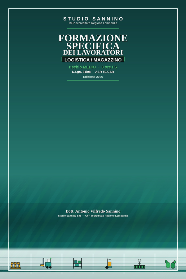 Copertina: Formazione Specifica dei Lavoratori — Logistica / Magazzino: rischio MEDIO · 8 ore FS · D.Lgs. 81/08 · ASR 59/CSR