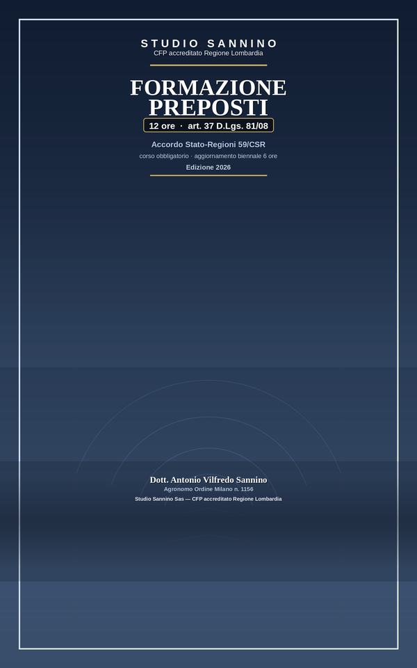 Copertina: Formazione Preposti — Obbligatoria art. 37 D.Lgs. 81/08: Manuale didattico 12 ore · Accordo Stato-Regioni 17 aprile 2025 (59/CSR) · Edizione 2026