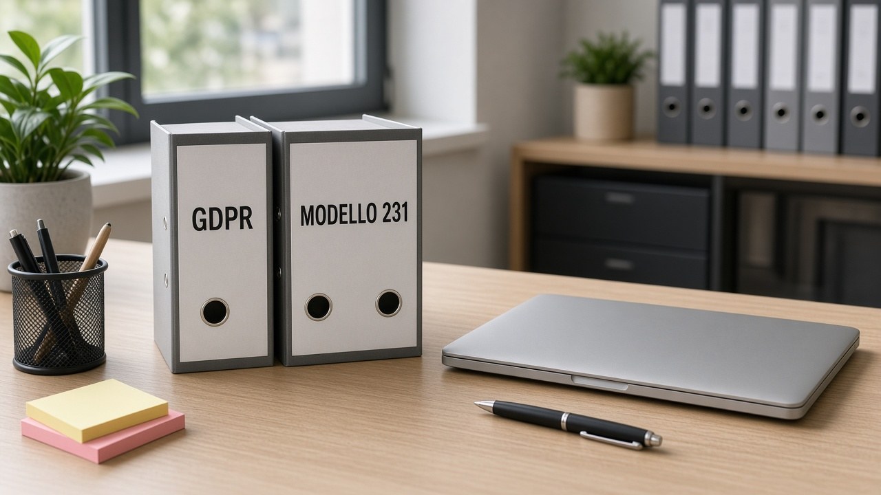 Cartelle GDPR e Modello 231 ordinate su scrivania