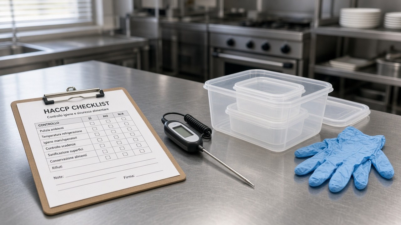 Checklist HACCP e termometro su banco cucina professionale